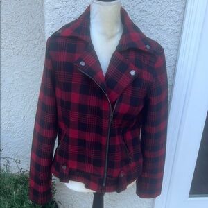 FirstKiss Women's Red/Black Plaid Wool Blend Bomber Jacket Size L